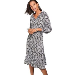 Talbots Snakeskin Print Ruffle Dress Tie Sleeve Fit & Flare Midi Sz XS